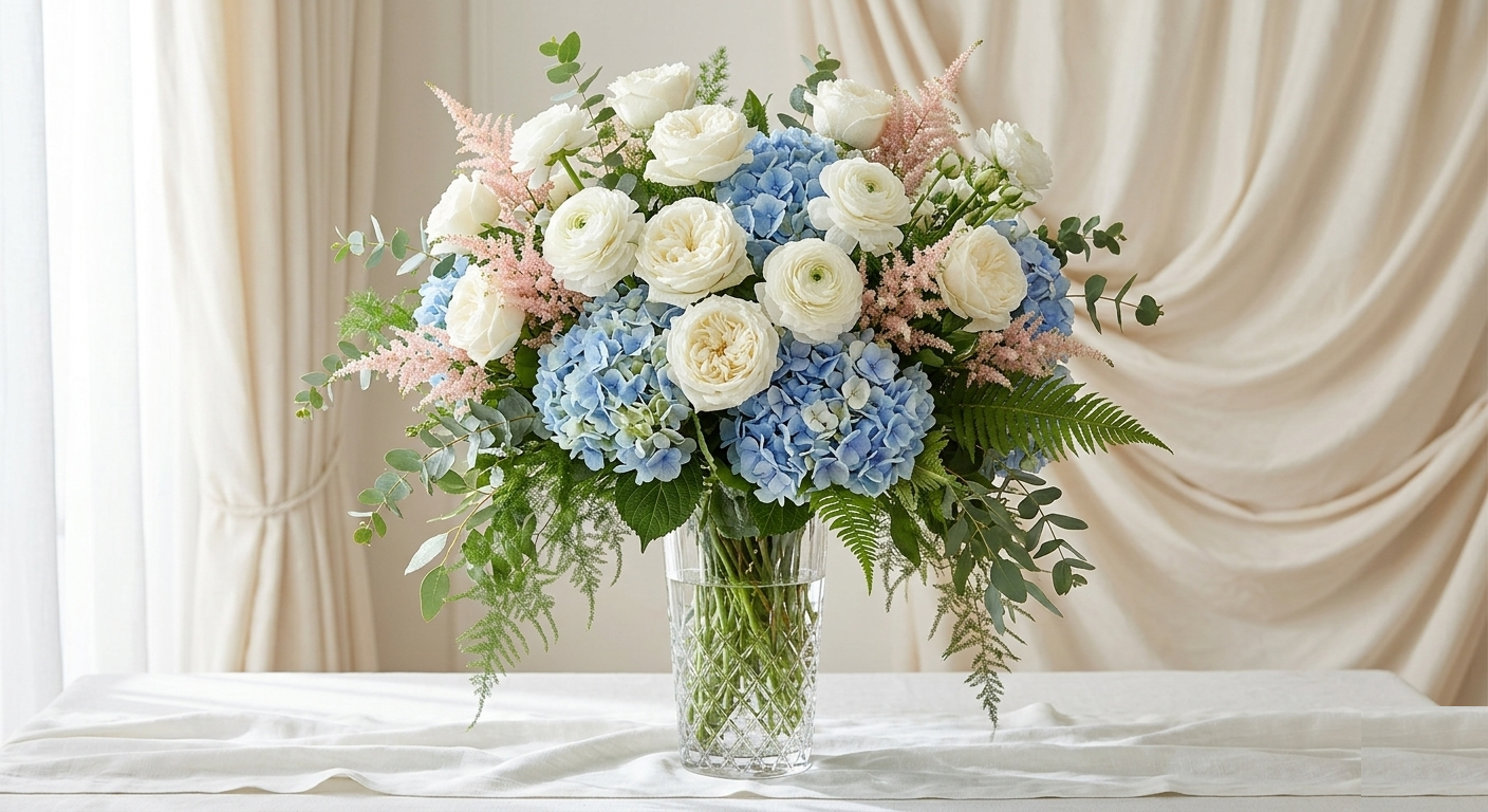 Hand-tied bouquet in glass vase by Littlewild Petal Studio